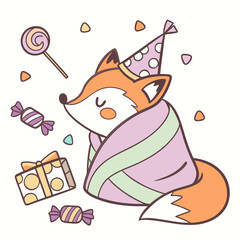 Candy Shop colored Foxe with a Shy touch, placed in a Birthday theme and styled with wrapped in a blanket