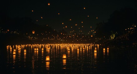 Floating lanterns at night
