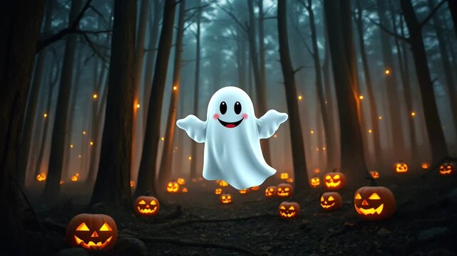 Funny ghost flying in dark forest on halloween background with pumpkins, cartoon style