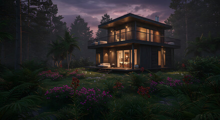 Modern house architecture design luxury home exterior forest trees evening flowers garden balcony resort