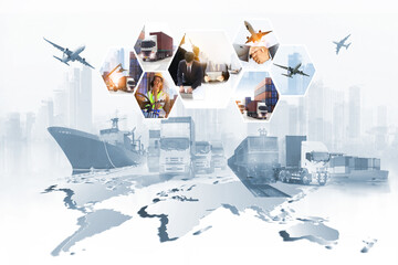 The world logistics , there are world map with logistic network distribution on background and Logistics Industrial Container Cargo freight ship for Concept of fast or instant shipping