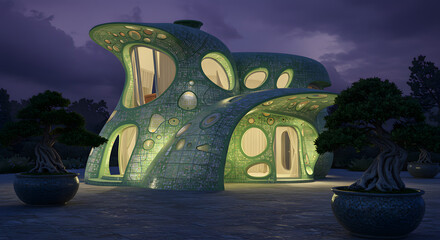 Futuristic house design organic architecture unique home exterior bonsai trees architecture rendering modern style