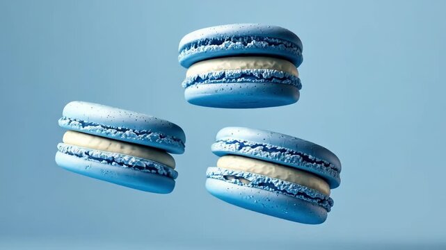 Three light blue macarons levitate against a pastel blue background. Delicious and airy.
