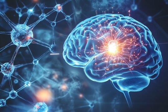 Human brain digital illustration. Electrical activity with Fluorescent, neon blue and orange microscopy of brain cells, with glowing neuron pathways and synapses, representing detailed neuroscience re
