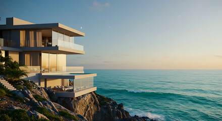 Fototapeta premium Modern ocean view villa architecture luxury coastal home design real estate property investment dream house