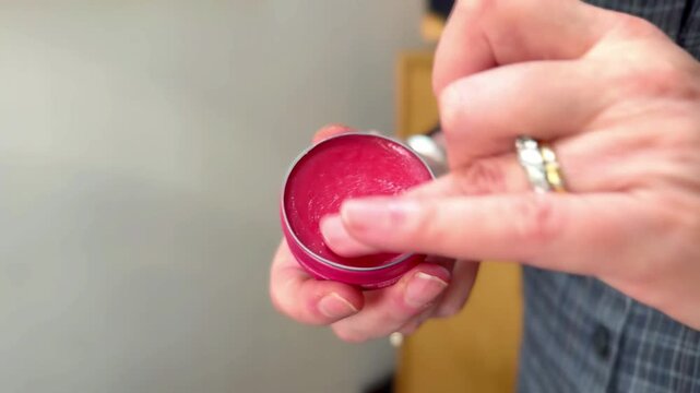Woman Person Hand Finger Rubbing Pink Vaseline Skincare Dry Lips Moisturizer