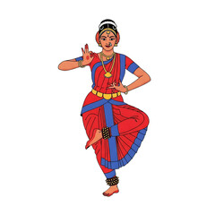 Obraz premium An elegant illustration of a traditional Indian classical dancer in a graceful pose, her colorful attire and expressive mudra celebrating the rich cultural heritage of India.