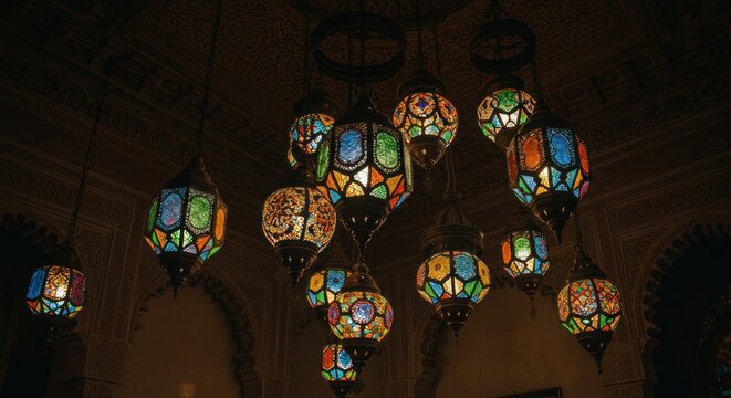 Colorful lanterns in a historic building