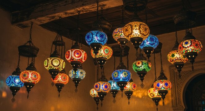 Colorful lamps hang from ceiling