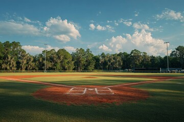 Obraz premium A baseball field with grass, dirt, and trees under a bright blue, partially cloudy sky