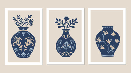 Elegant Blue Floral Vases Wall Art – Minimalist Vintage Decor