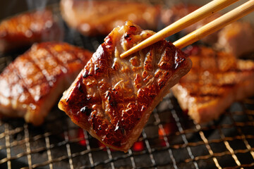 Close-Up of Grilled Meat Held by Chopsticks, Showcasing the Texture, Grill Marks, and Juicy Appearance of a Delicious and Savory Asian Cuisine Dish