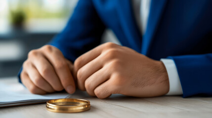 Close-up of person in blue suit with hands clasped on light wooden table, golden wedding ring resting beside documents, symbolizing divorce, legal separation, or significant life decision.