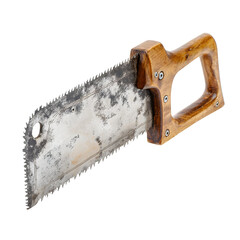 Antique tenon saw, hand tool used for woodworking, isolated against a black background