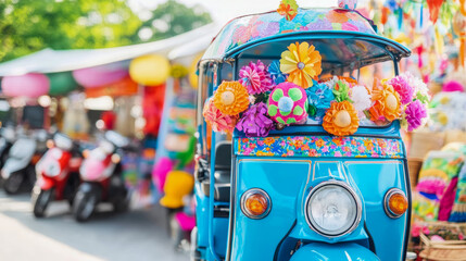 A vibrantly adorned blue tuk-tuk covered in colorful fabric flowers, set against bustling backdrop of outdoor Asian market street with scooters and festive decor.