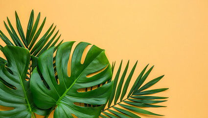 Lush green monstera and palm leaves creating a tropical vibrant frame on a peach background ideal for summer themed designs