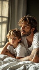 Obraz premium A man and a boy are sitting on a bed. The boy is wearing a white shirt and the man is wearing a white shirt and a white t-shirt