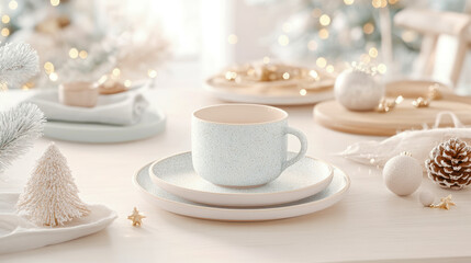 Elegant Christmas table setting with light blue speckled dinnerware, frosted winter decor, and sparkling bokeh lights for serene holiday meal.