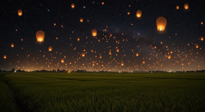 Lanterns floating in a night sky over a rice paddy