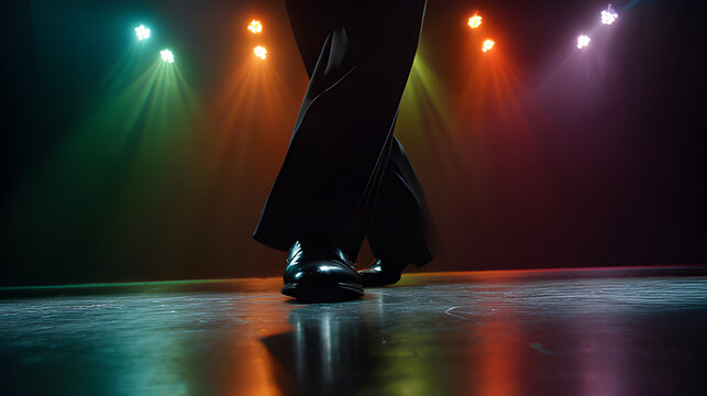 Colorful spotlight stage clicking feet tap dancer dancing with shoe on the theater stage. Tap dancer's feet in action on neon spotlight stage show. 