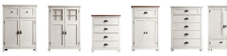 Fototapeta premium Set of various light-colored wooden cabinets and chests