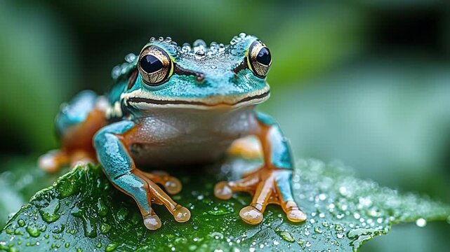 Vibrant Frog on Leaf: Nature's Beauty, Close-Up, Detailed, Wet, Green