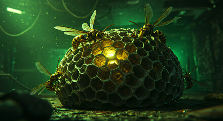 Giant glowing wasp nest with radioactive insects in a dark toxic underground environment
