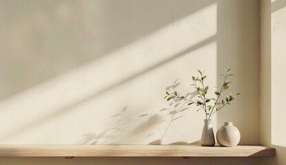 Softly lit shelf featuring a plant in a vase and spherical decor against a textured wall