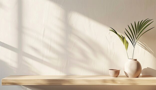 Sunlit interior scene featuring a light wooden shelf holding decorative items against a textured wall - Powered by Adobe