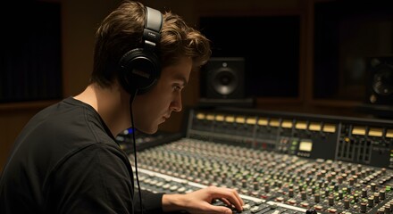 Male audio engineer with headphones concentrating on a mixing board during a sound recording session in a studio.