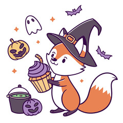 Cute Mischievous Foxe, accessorized with holding a cupcake, in a Halloween world – Spooky Fun palette vector