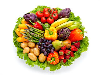 Colorful Assortment of Fresh Fruits and Vegetables on a Green Lettuce Bed Displaying a Variety of Nutrients and Vitamins for a Healthy Lifestyle