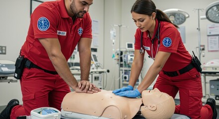 Paramedics training CPR on mannequin