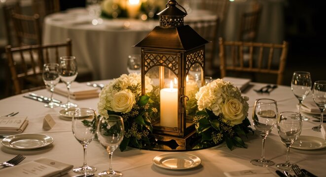Elegant table setting with lantern centerpiece - Powered by Adobe
