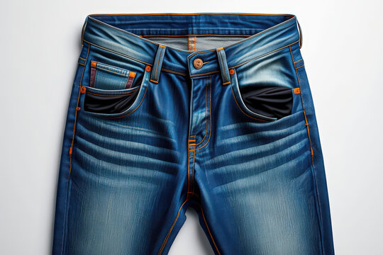 Close-Up of Stylish Blue Jeans with Detailed Stitching and Pockets on a White Background, Perfect for Showcasing Denim Quality and Design