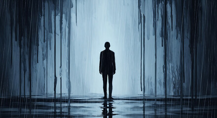 Silhouetted man stands alone in a dark, rain-swept alleyway, illuminated by a distant light.
