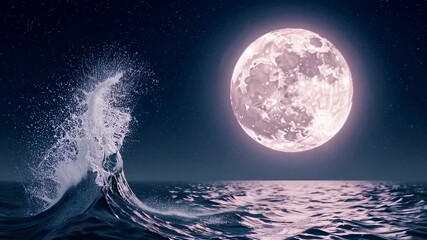 Ocean waves splashing under a bright full moon in a dark starry night sky landscape view - Powered by Adobe