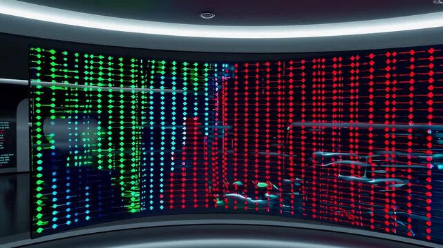 View of a curved screen displaying a complex grid pattern with various colored data points shown