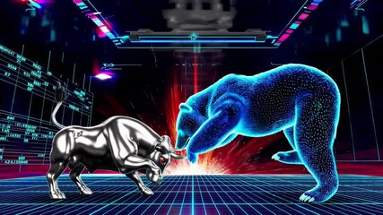 Silver bull and blue bear facing each other with digital data background and light effect center - Powered by Adobe