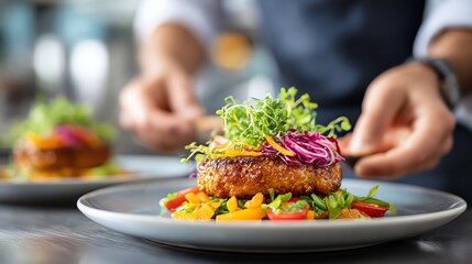 chef plating colorful vegan dish in modern restaurant kitchen, motion blur