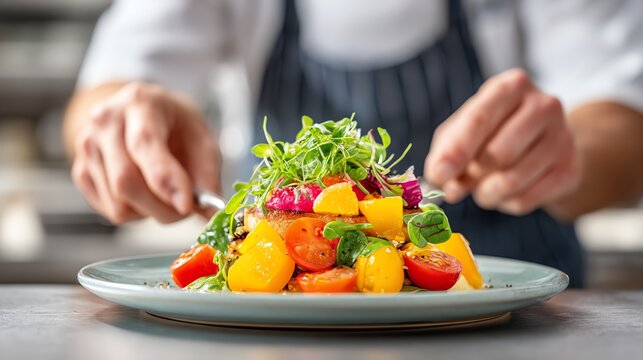 chef plating colorful vegan dish in modern restaurant kitchen, motion blur