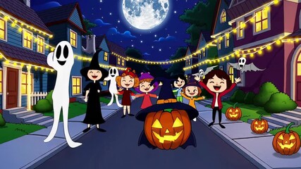 Cartoon halloween scene with children in costumes and illuminated pumpkins at nighttime street
