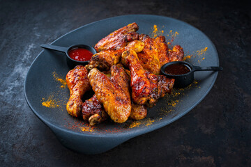 Authentical barbecue chicken wings and drumsticks with hot chili and grill sauce served as close-up on a design plate