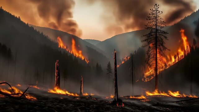 Extensive Mountain Wildfire: Flames and Smoke Spread Across Forested Valleys.