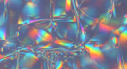Abstract iridescent liquid surface with vibrant rainbow light refractions and shimmering textures, creating a mesmerizing, fluid visual effect.