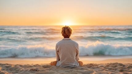 young man meditating on beach at golden hour, serene mindfulness lifestyle