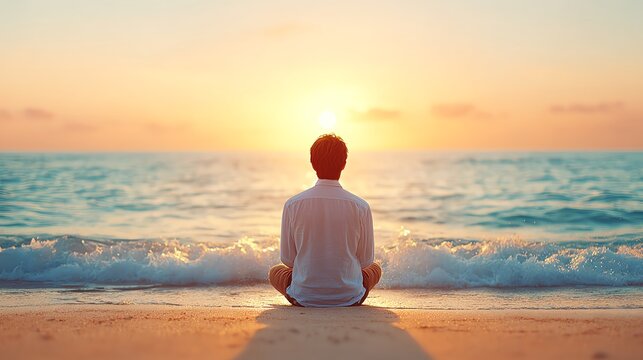 young man meditating on beach at golden hour, serene mindfulness lifestyle