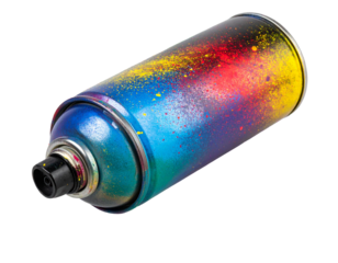 Open Spray Paint Can with Cap Removed, Graffiti Doodles and Paint Splatter, Top-Down Angle, Isolated