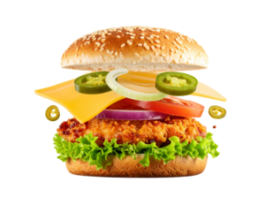 Floating Chicken Burger with Ingredients Separated in Layers, Exploded View, Transparent Background