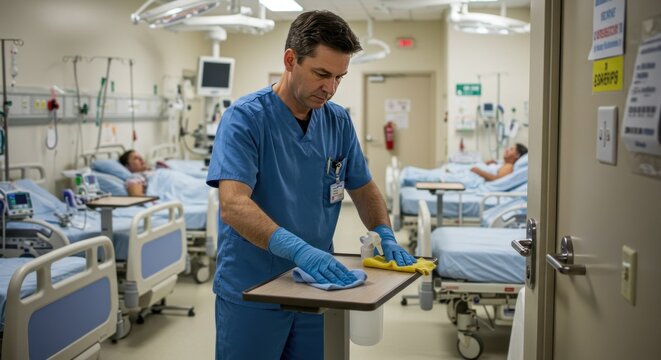 Hospital worker cleaning room
